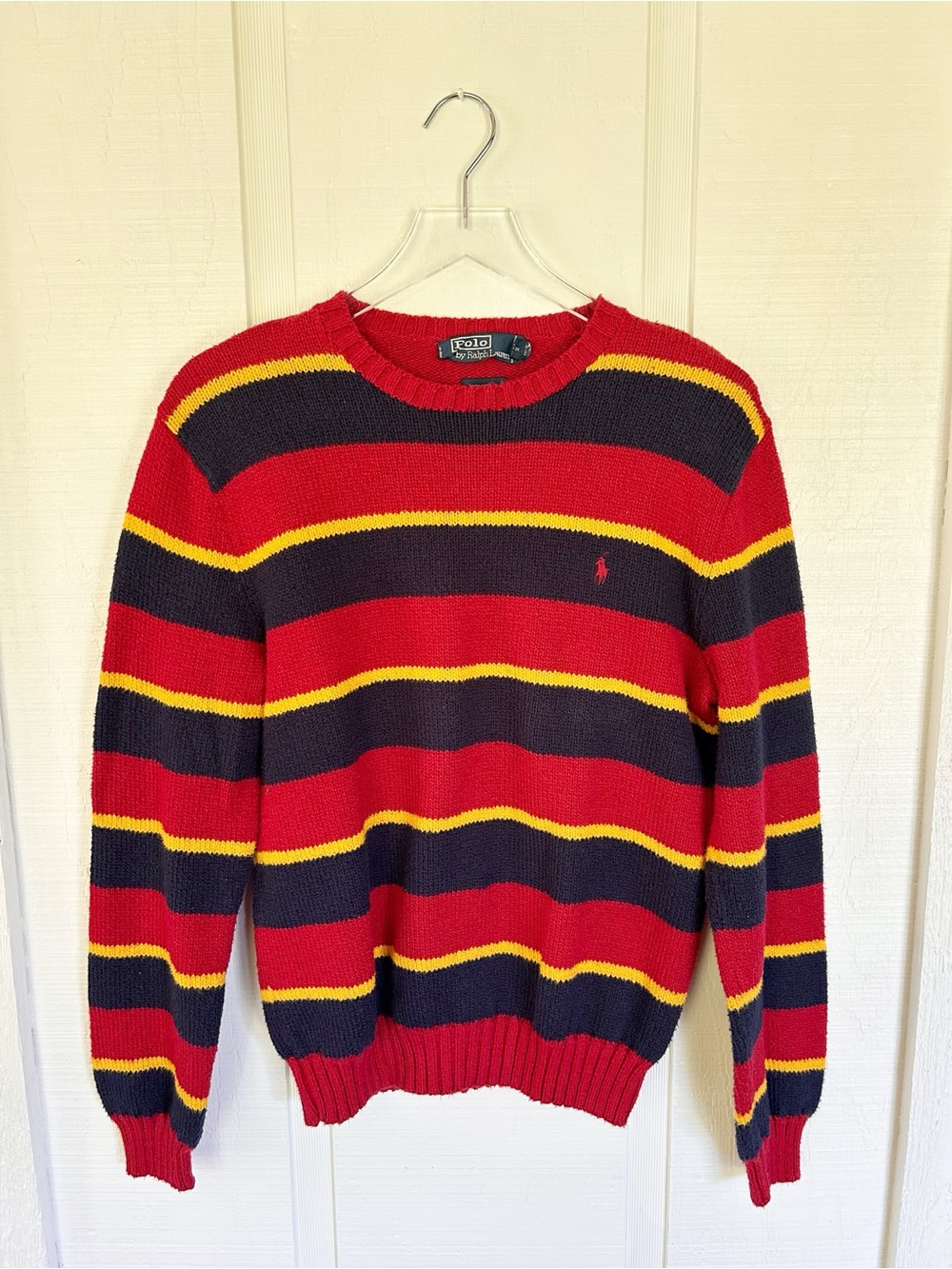 Vintage Ralph Lauren 100% Cotton Striped Sweater Red Blue Yellow Sz medium